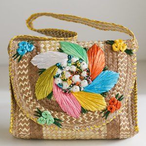 Vintage handmade straw floral shell purse shoulder bag woven raffia unique
